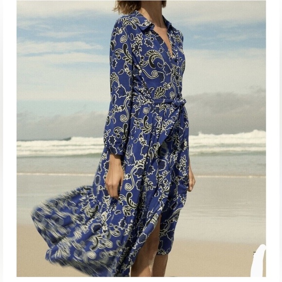NWT ZARA PRINTED MIDI SHIRT DRESS NAVY BLUE FLORAL DRESS M - Picture 3 of 6